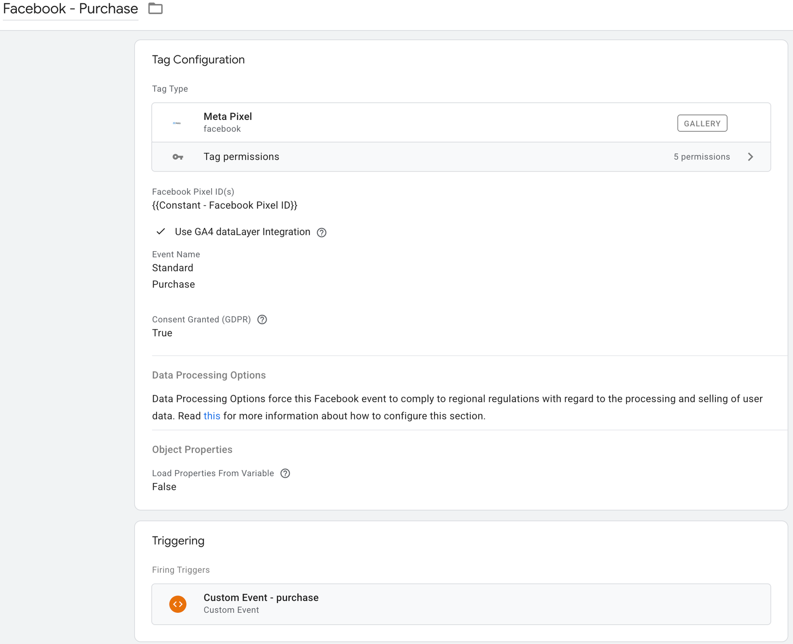 📸 GTM Facebook Purchase tag configuration with event parameters mapped to dataLayer variables