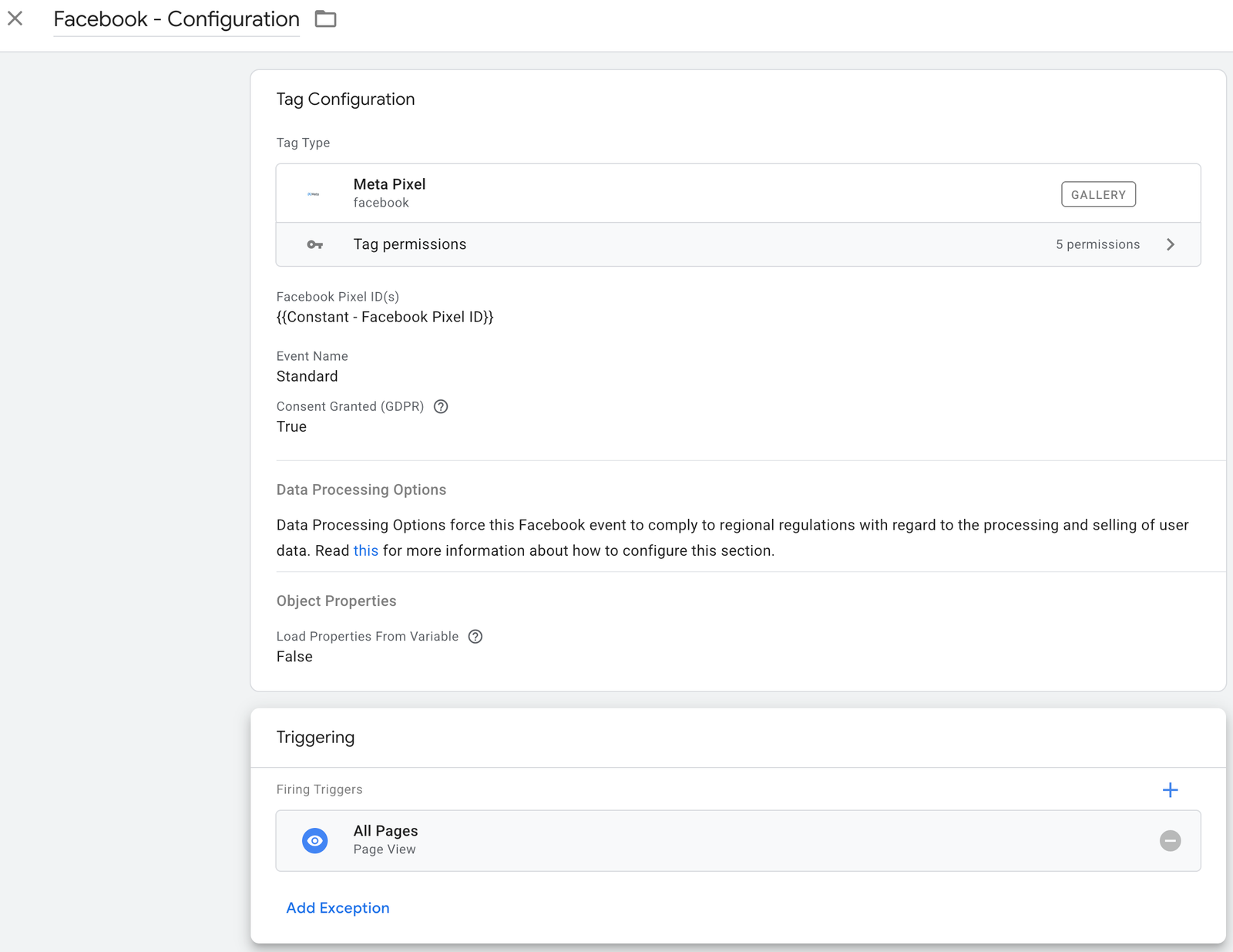 📸 GTM Facebook Pixel tag configured for PageView firing on all pages
