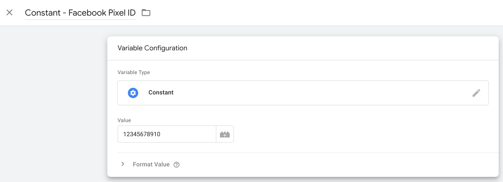 📸 GTM constant variable configured with Facebook Pixel ID