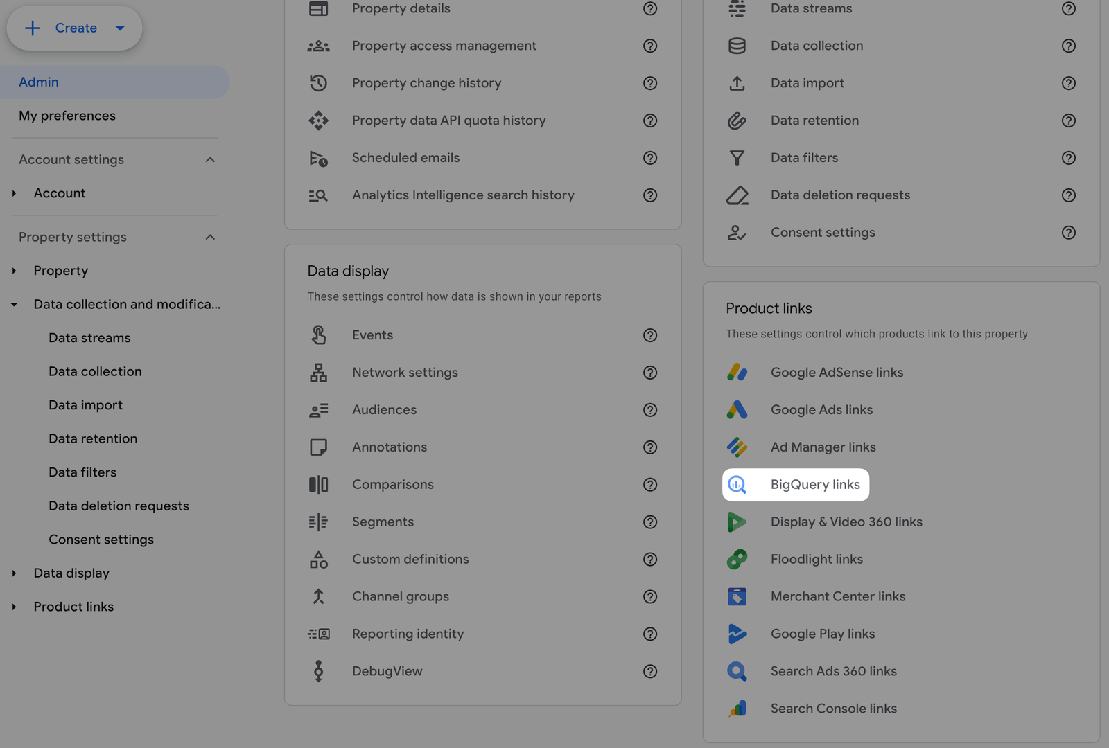 📸 GA4 Admin BigQuery Links screen showing the link configuration options