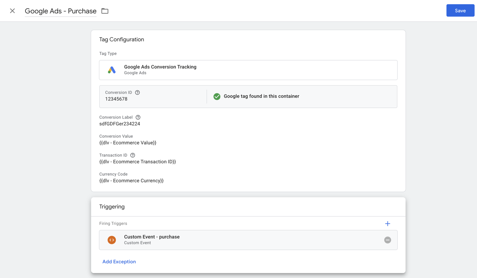 📸 GTM trigger configuration showing a Custom Event trigger type with event name purchase