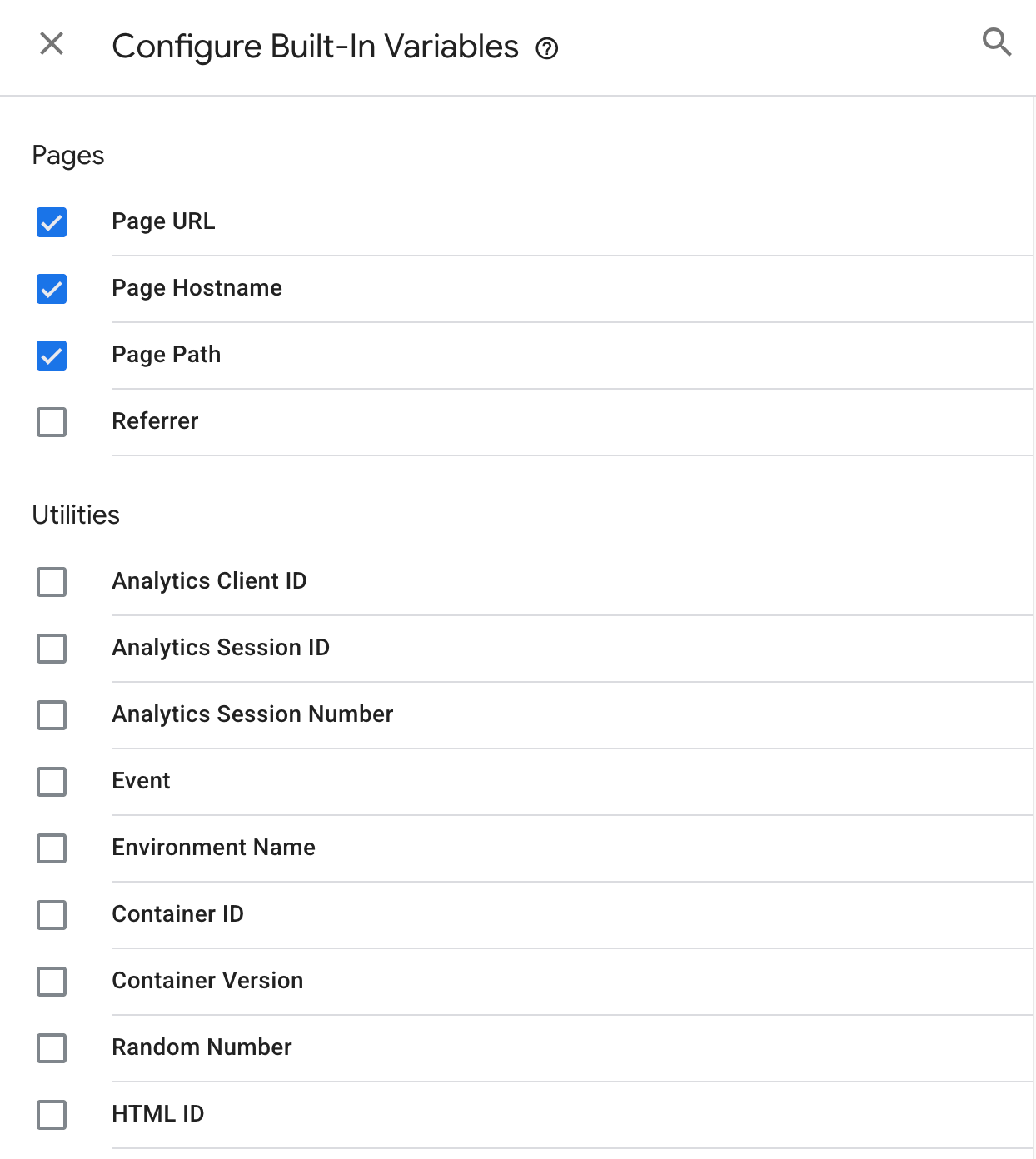 📸 GTM built-in variables configuration panel