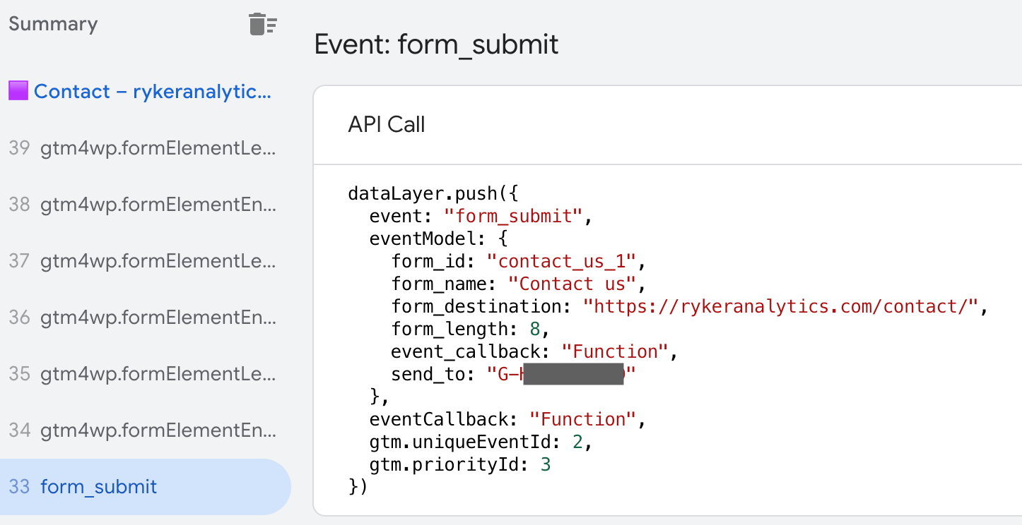 📸 GTM Preview debug panel showing a gtm.formSubmit event selected with the variables