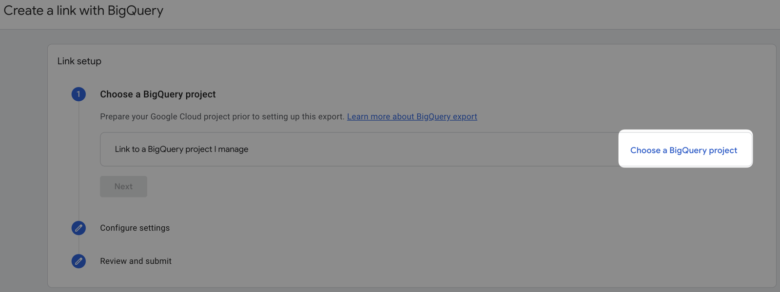 📸 GA4 Admin BigQuery Links screen showing the link configuration options