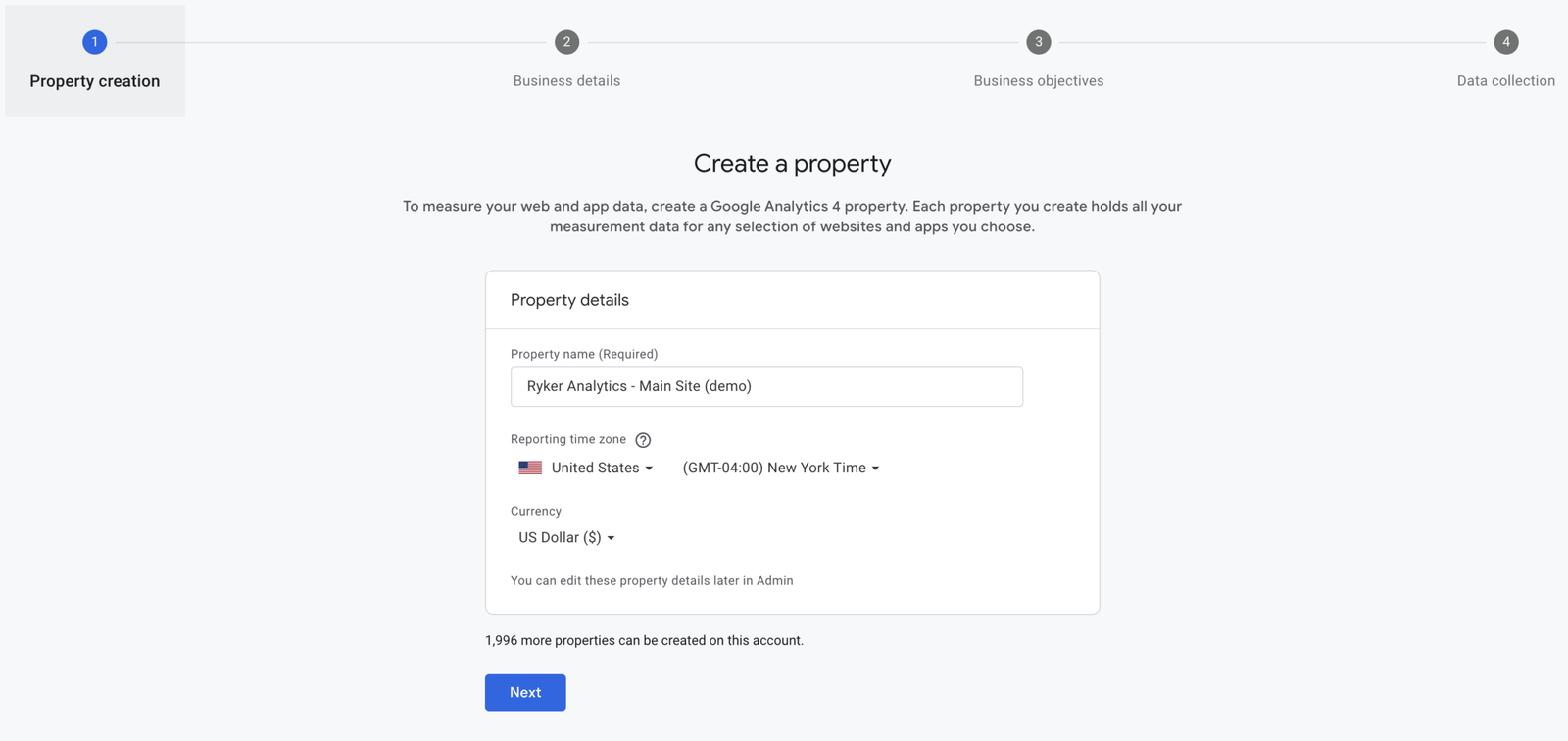 Google Analytics property creation