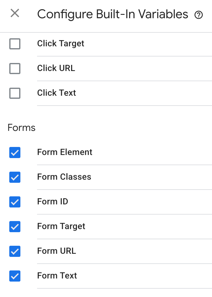 📸 GTM built-in variables configuration screen with Forms section variables all enabled