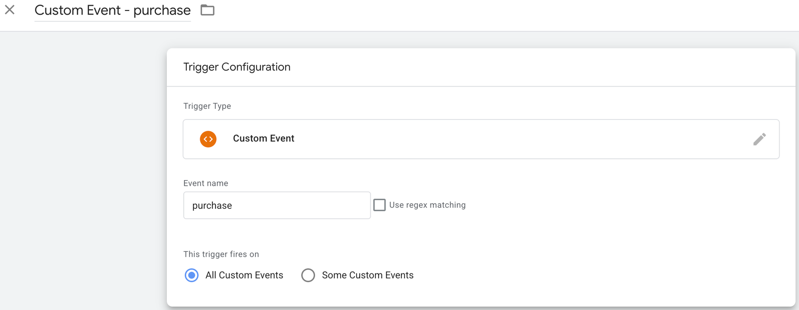 📸 GTM Custom Event trigger configured for the purchase event