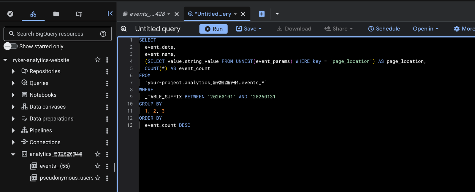 📸 BigQuery Explorer panel showing the analytics dataset with daily event tables