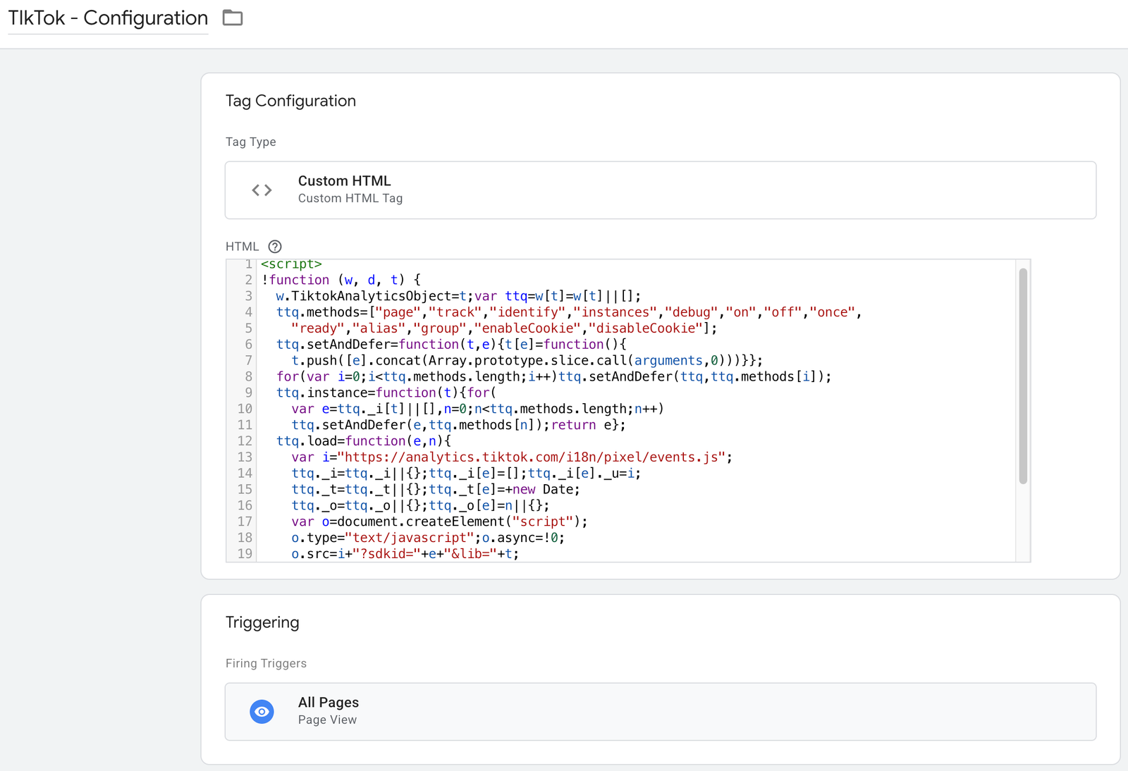 📸 GTM Custom HTML tag showing TikTok base pixel code with All Pages trigger selected